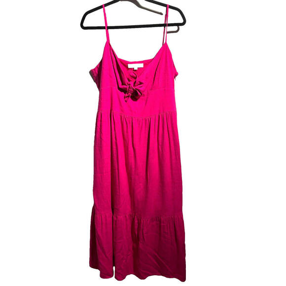 LOFT Dresses & Skirts - LOFT Hot Pink Tiered Midi Dress Linen Blend 14 Preppy Barbie Tie Front Vibrant